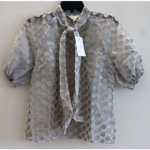 Ted Baker 259753 Women's Sz 1 Gray Caieta Organza Spot Tie Neck Blouse - Picture 1 of 12